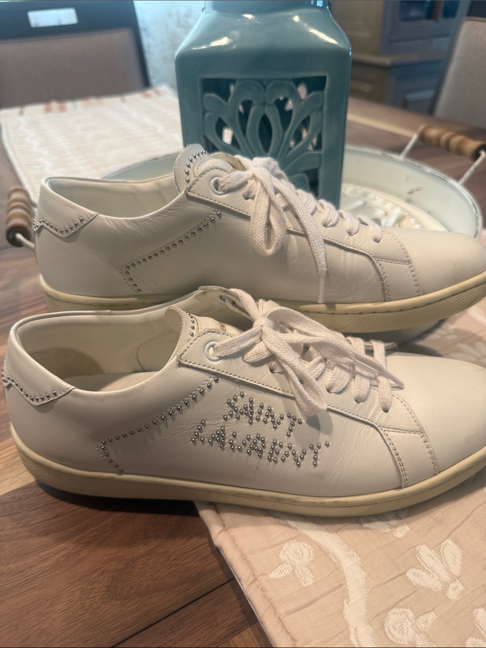 Saint Laurent White Leather Crystal-Logo Low-Top Sneakers